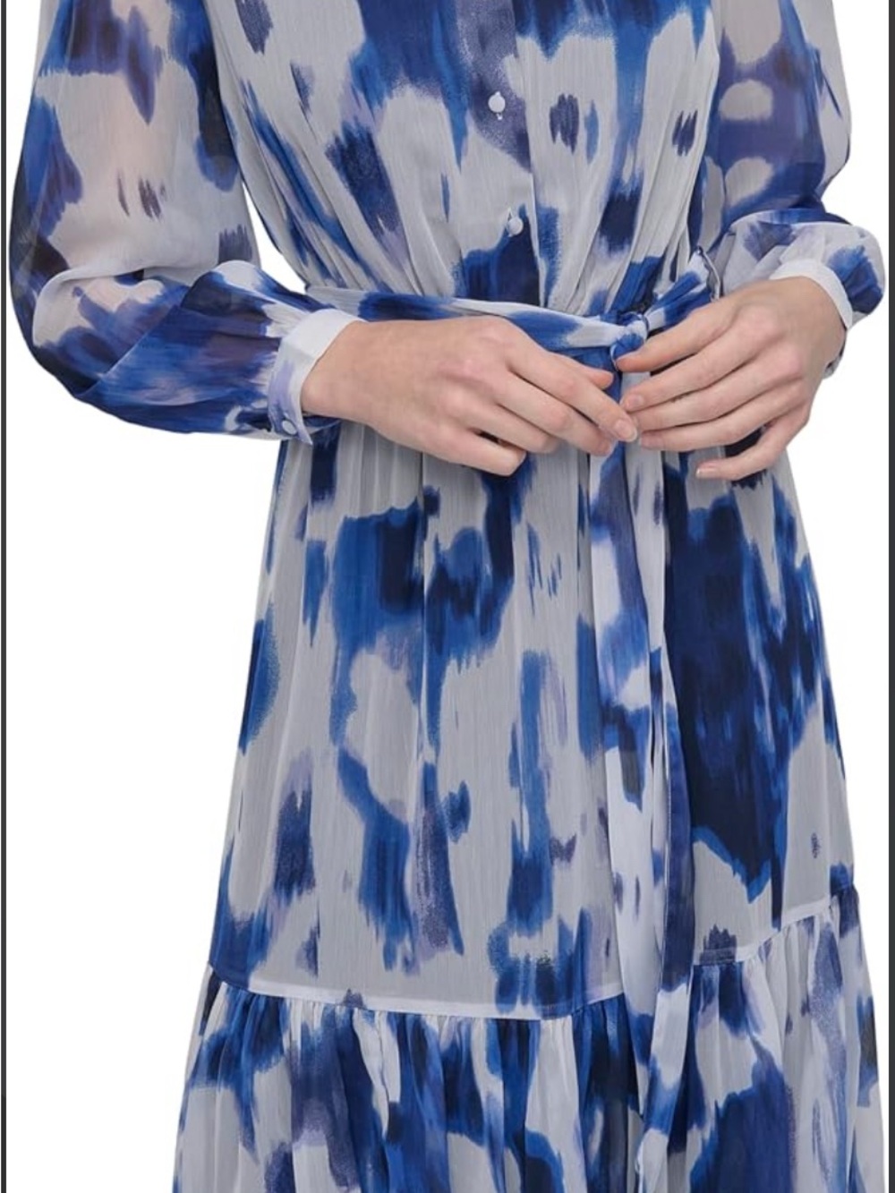 DKNY Blue and White Printed Long-Sleeve V-Neck Tiered Dress